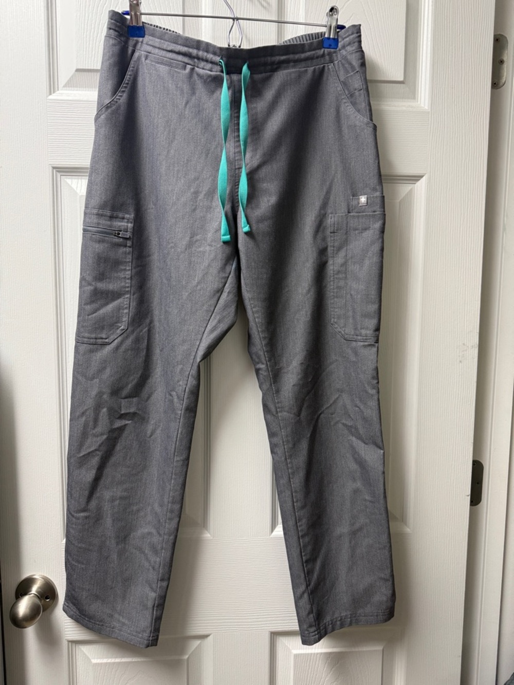 Figs Gray Straight Leg Scrub Pants with Teal Drawstring